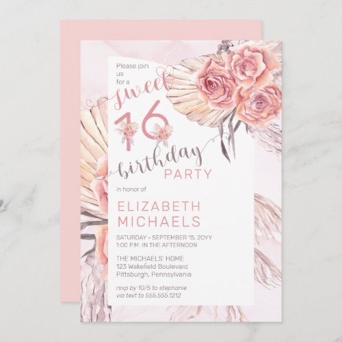 Pampas Grass Pink Rose Blooms Sweet 16 Party Invitation
