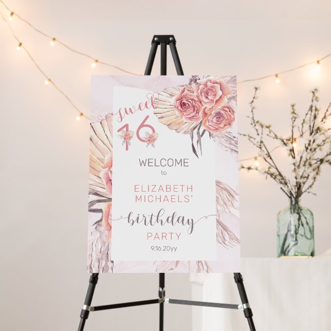 Pampas Grass | Pink Rose Blooms Sweet 16 Welcome Foam Board (In Situ (Stand))