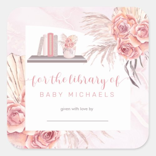 Pampas Grass  Pink Roses Baby Shower Bookplate