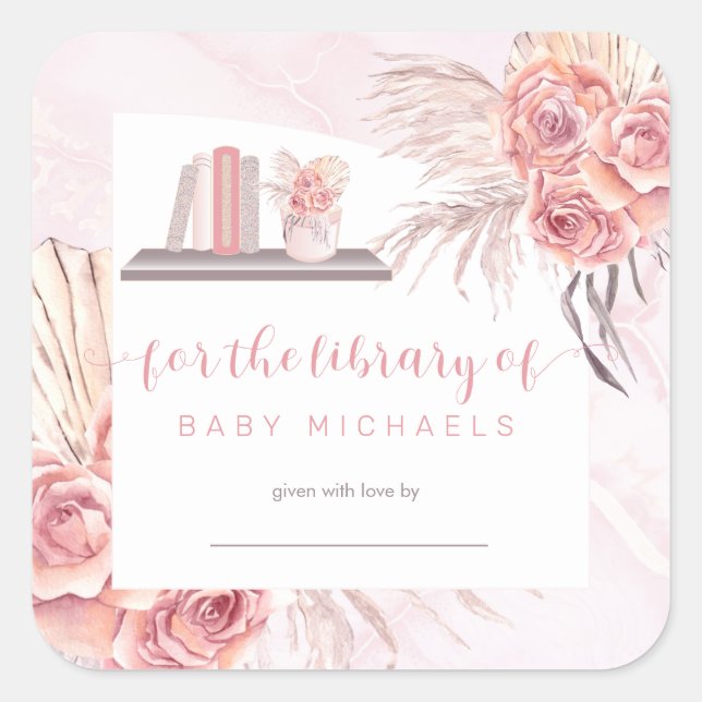 Pampas Grass | Pink Roses Baby Shower Bookplate (Front)