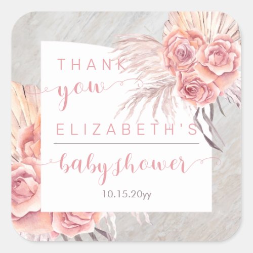 Pampas Grass  Pink Roses Baby Shower Thank You  Square Sticker