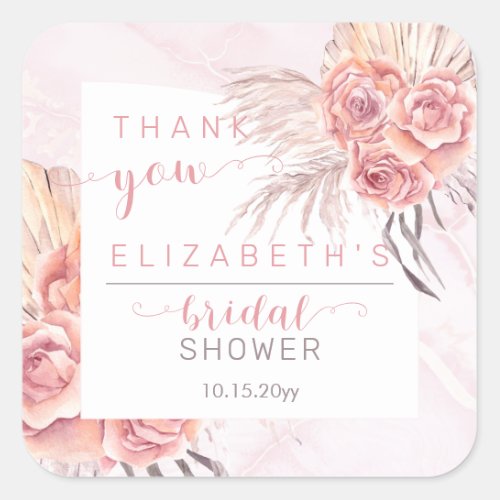 Pampas Grass  Pink Roses Bridal Shower Thank You Square Sticker