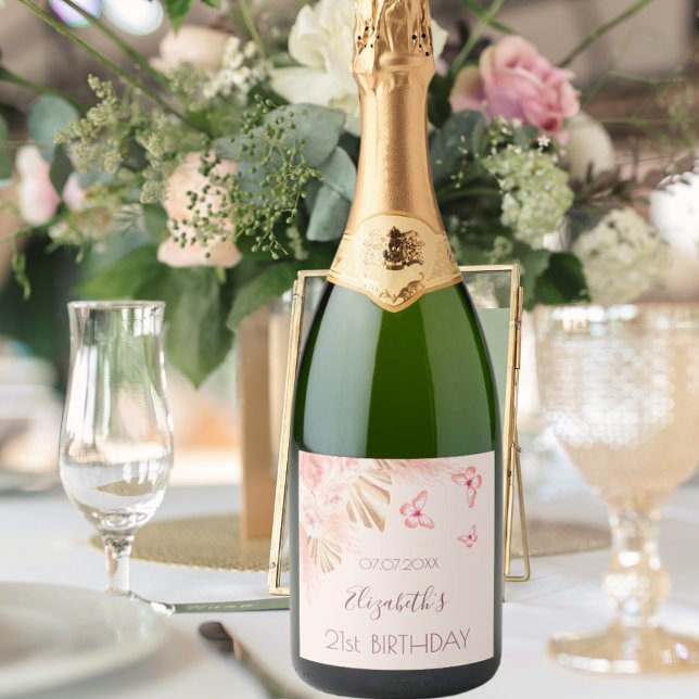 Pampas grass pink roses peach butterflies birthday sparkling wine label (Creator Uploaded)