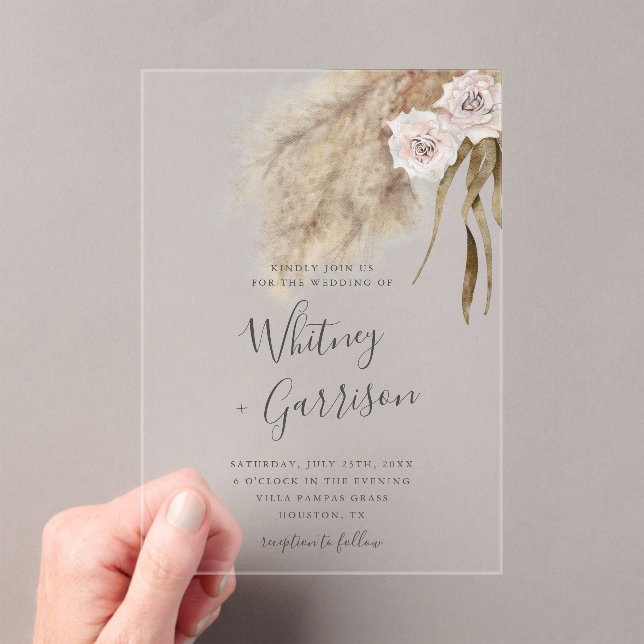Pampas Grass Pink Wedding Floral Acrylic Invitations (Insitu (Handheld))