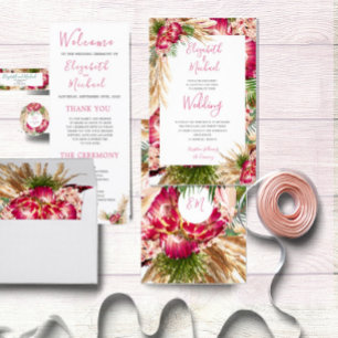 Pampas Grass Protea Floral Modern Pink Wedding Invitation