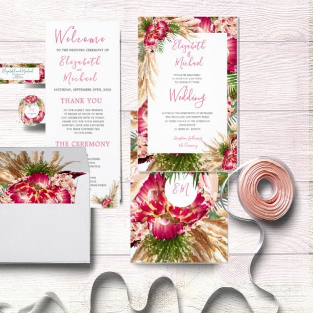 Pampas Grass Protea Floral Modern Pink Wedding Invitation (Creator Uploaded)