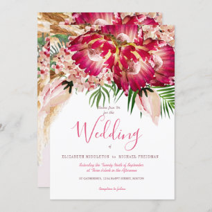 Pampas Grass Protea Floral Modern Pink Wedding Invitation