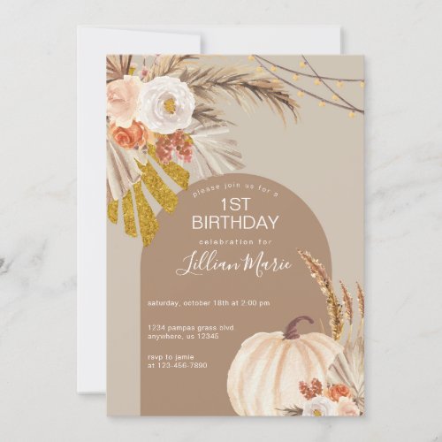 Pampas Grass Pumpkin Birthday Invitation