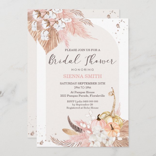 Pampas Grass Pumpkin Bridal Shower Invitation Boho (Front/Back)