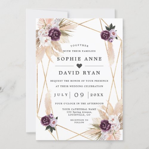 Pampas Grass Purpl Floral Gold All In One Wedding  Invitation