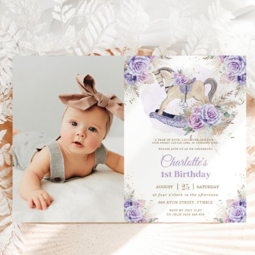 Pampas Grass Purple Floral Rocking Horse Birthday Invitation