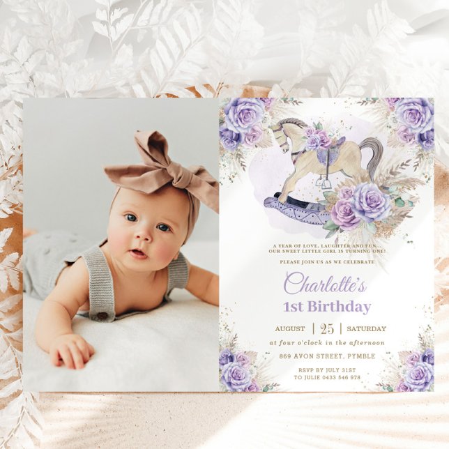 Pampas Grass Purple Floral Rocking Horse Birthday Invitation (Creator Uploaded)