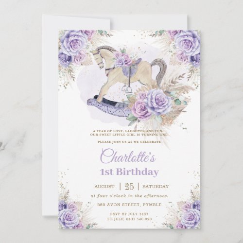 Pampas Grass Purple Floral Rocking Horse Birthday Invitation