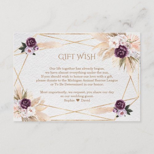 Pampas Grass Purple Flowers Wedding Gift Wish  Enclosure Card