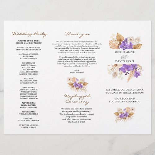 Pampas Grass Purple Orchid TriFold Wedding Program Flyer