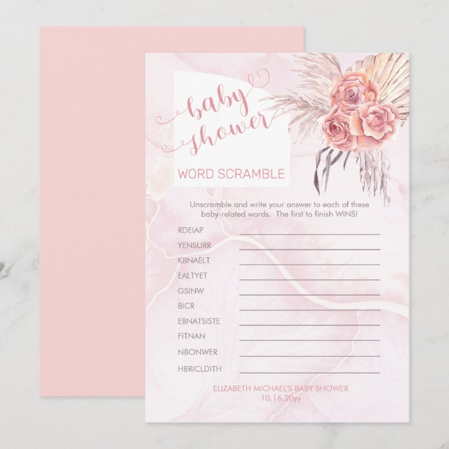 Pampas Grass |Rose Bloom Baby Shower Word Scramble Invitation (Front/Back)