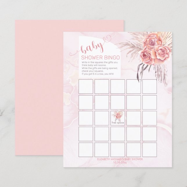 Pampas Grass | Rose Blooms Baby Shower Bingo Card (Front/Back)