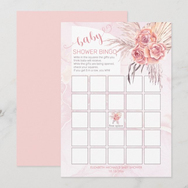 Pampas Grass | Rose Blooms Baby Shower Bingo Card (Front/Back)