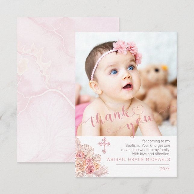 Pampas Grass | Rose Blooms Baptism Photo Thank You (Front/Back)
