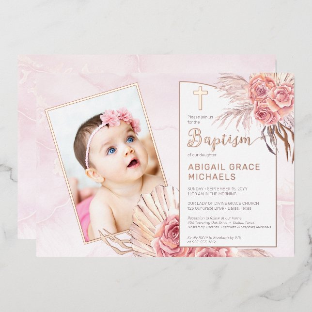 Pampas Grass | Rose Blooms Girl Baby Photo Baptism Foil Invitation (Front/Back)
