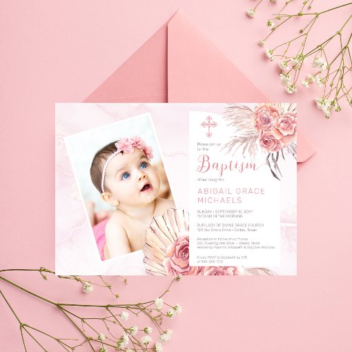 Pampas Grass | Rose Blooms Girl Baby Photo Baptism Invitation | Zazzle