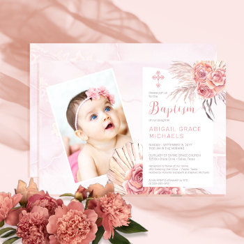 Pampas Grass | Rose Blooms Girl Baby Photo Baptism Invitation by holidayhearts at Zazzle