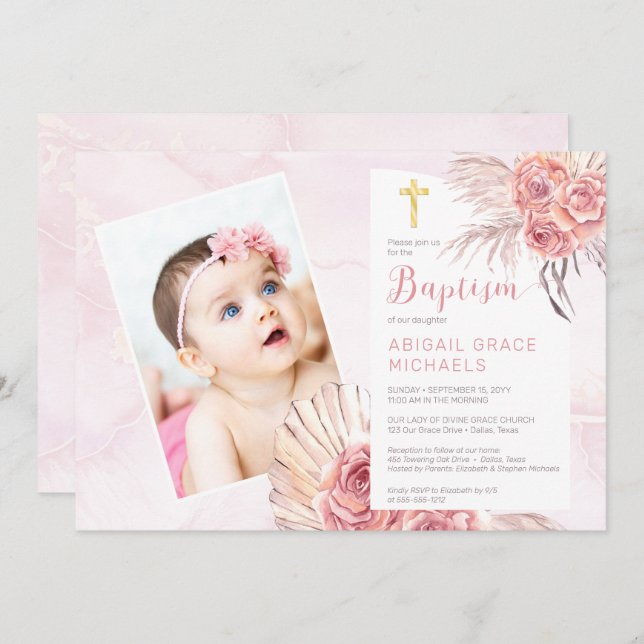 Pampas Grass | Rose Blooms Girl Baby Photo Baptism Invitation (Front/Back)