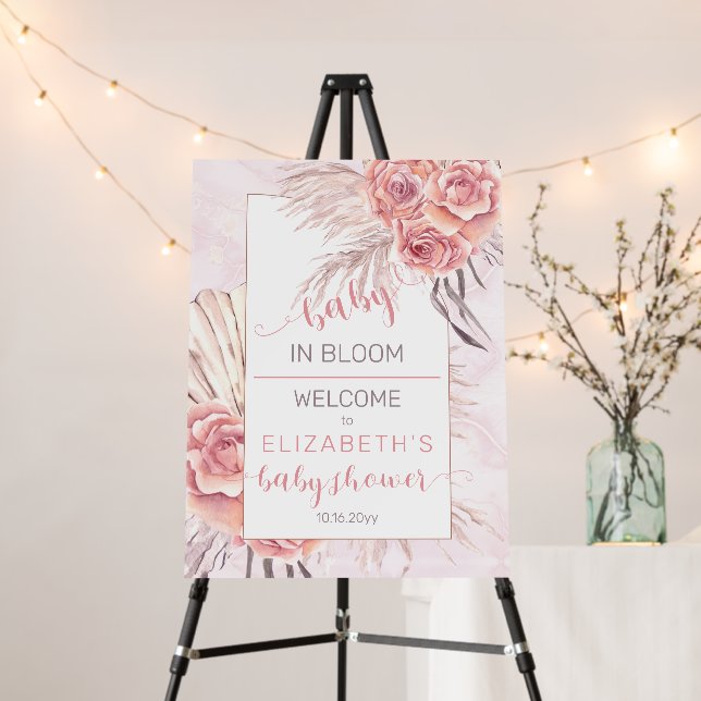 Pampas Grass |Rose Blooms Girl Baby Shower Welcome Foam Board (In Situ (Stand))