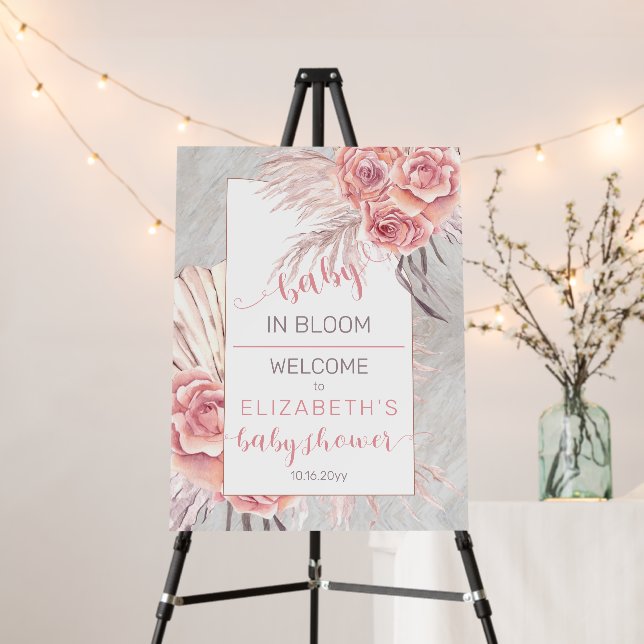 Pampas Grass |Rose Blooms Girl Baby Shower Welcome Foam Board (In Situ (Stand))