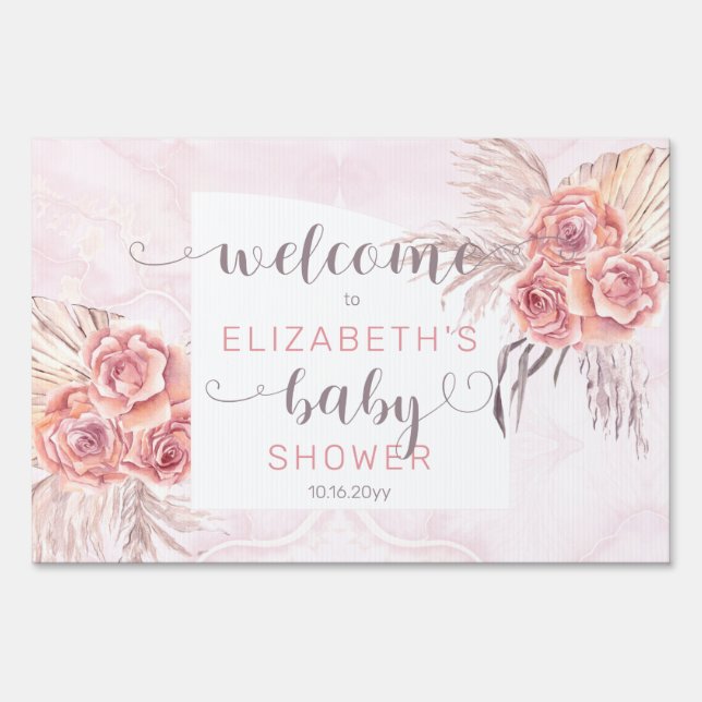 Pampas Grass |Rose Blooms Girl Baby Shower Welcome Sign (Front)