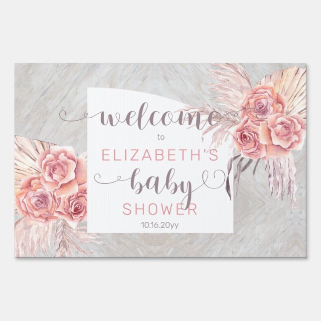 Pampas Grass |Rose Blooms Girl Baby Shower Welcome Sign (Front)