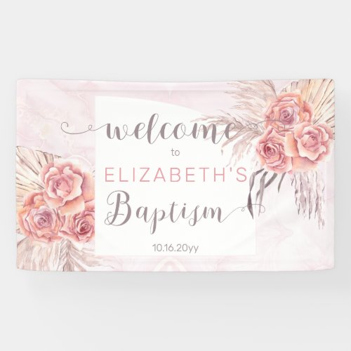 Pampas Grass Rose Blooms Girl Baptism Welcome  Banner