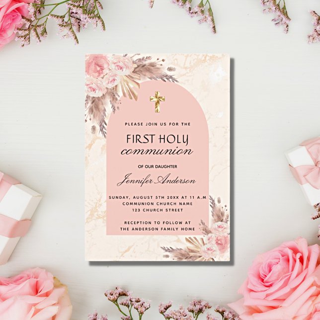 Pampas grass rose blush first holy communion invitation (Creator Uploaded)