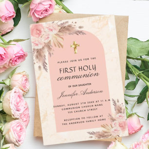Pampas grass rose blush first holy communion invitation