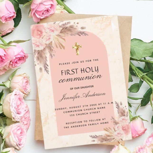 Pampas grass rose blush first holy communion invitation (Creator Uploaded)