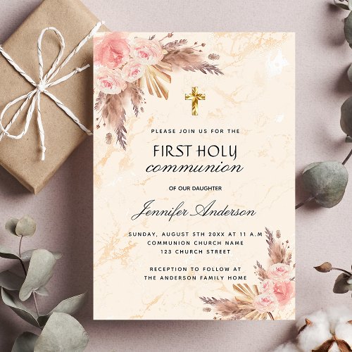 Pampas grass rose blush first holy communion invitation postcard