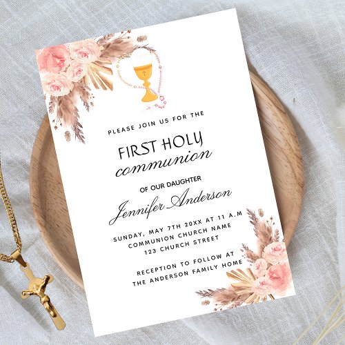 Pampas grass rose blush first holy communion invitation postcard