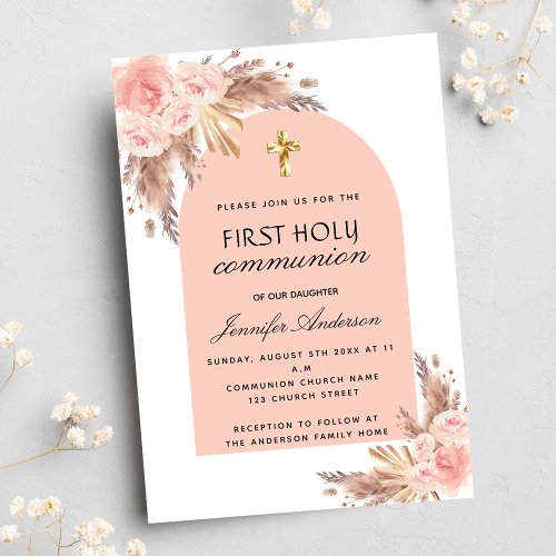 Pampas grass rose blush first holy communion invitation postcard