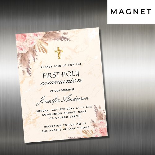 Pampas grass rose blush first holy communion magnetic invitation