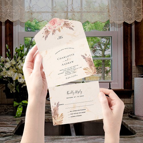 Pampas grass rose blush pink floral marble wedding all in one invitation