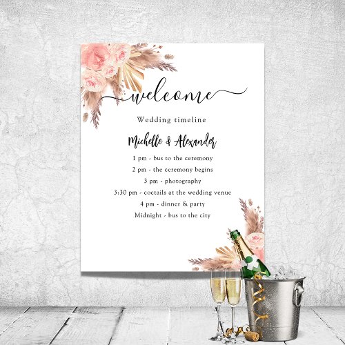 Pampas grass rose floral wedding program timeline poster