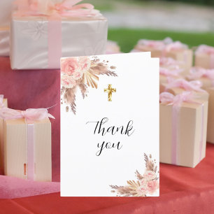 Pampas grass rose florals photo First Communion Letterpress Thank You Card