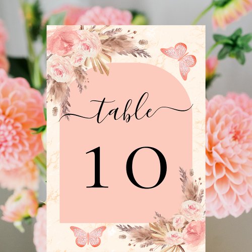Pampas grass rose gold blush arch butterfly table number