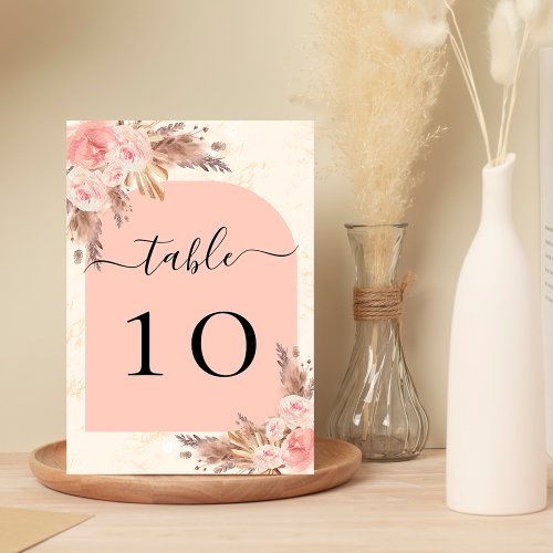 Pampas grass rose gold blush arch table number