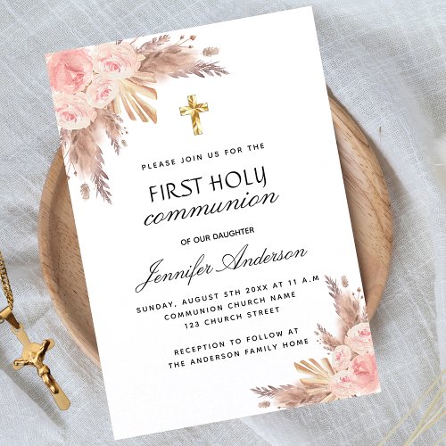 Pampas grass rose gold blush first holy communion invitation postcard