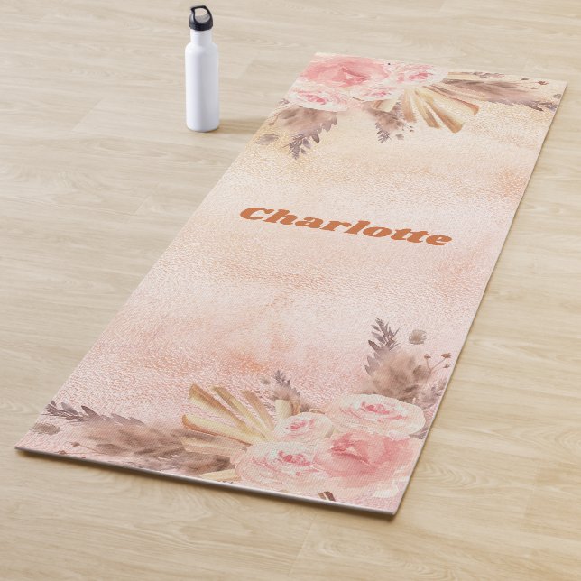 Pampas grass rose gold blush florals boho name yoga mat (In Situ)