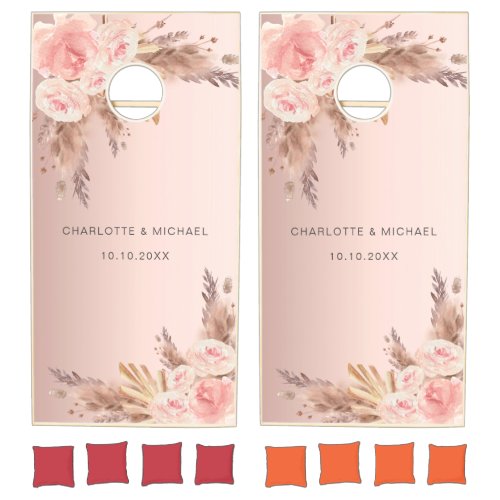 Pampas grass rose gold blush florals boho wedding cornhole set