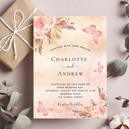 Pampas grass rose gold butterfly boho wedding invitation