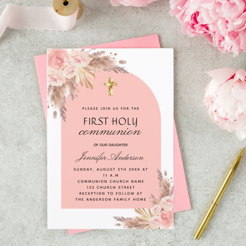 Pampas grass rose gold cross first holy communion invitation