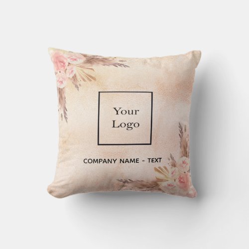 Pampas grass rose gold floral business logo throw pillow